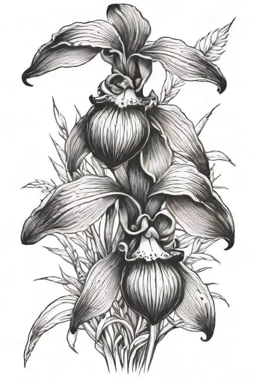 lady slipper orchid and grass field tattoo design idea