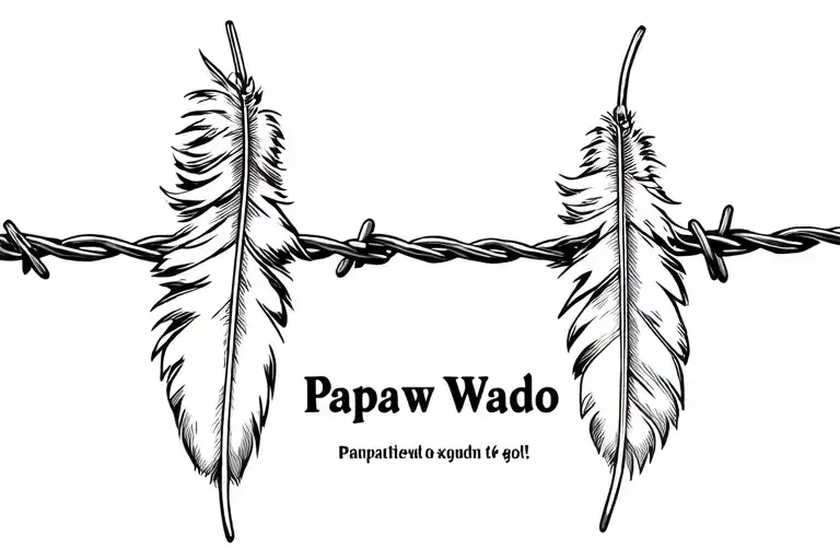 Barbed wire with 2 indian feathers hanging off that says "Papaw Wado" underneath it  tattoo design idea