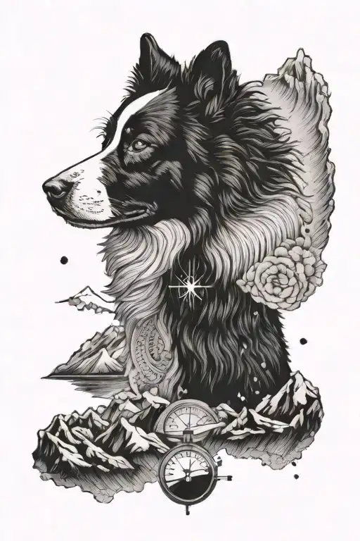 compass border collie portrait mountains tattoo design idea