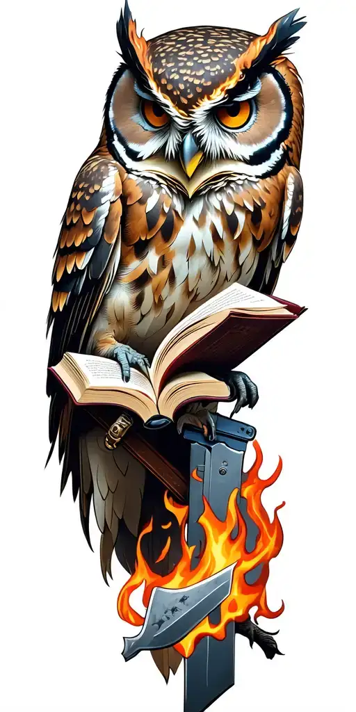 Owl holding a book on fire with a knife stored on back  tattoo design idea