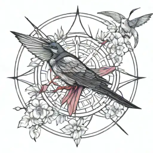 swallow, cherry blossom, Viking compass tattoo design idea