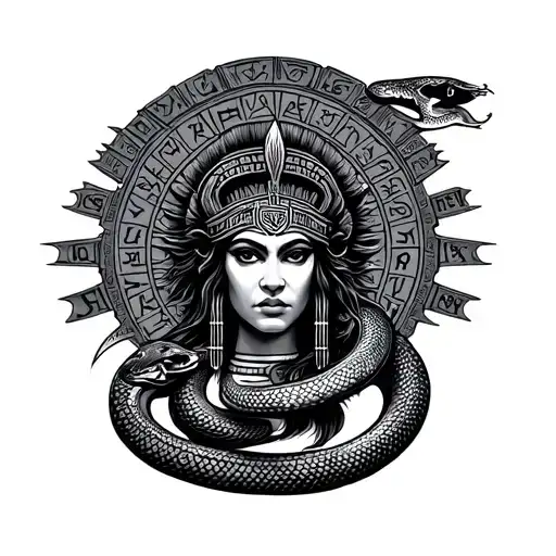 kukulkan as a human and aztec calendar with a snake around  tattoo design idea