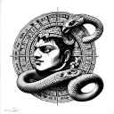 kukulkan as a human and aztec calendar with a snake around  tattoo design idea