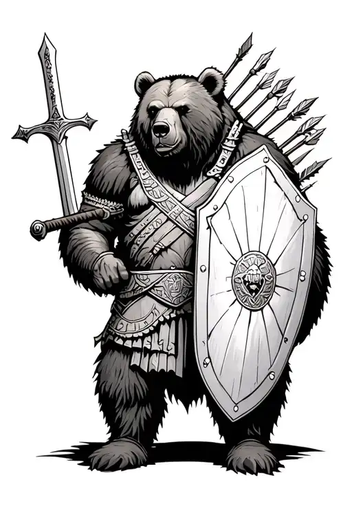 Big bear with Roman warrior holding his sword and a shield full of arrows tattoo design idea