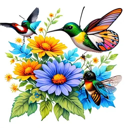 wild flowers, butterflies, bees, hummingbirds tattoo design idea