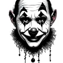 "A clown taking off a mask with a smiling face, revealing a sad clown underneath with a single tear, high-detail black a tattoo design idea