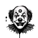 "A clown taking off a mask with a smiling face, revealing a sad clown underneath with a single tear, high-detail black a tattoo design idea