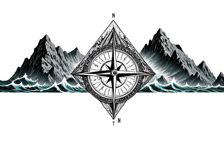 large compass surrounded by intricate geometric mountains and crashing waves, black and white, add triangle frame tattoo design idea