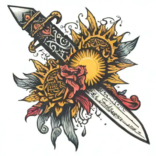 a sword with the quote 'a little trauma can be illuminating and I am shining like the sun' on the edge of the blade. tattoo design idea
