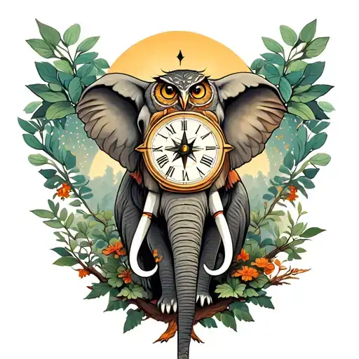 elephant, owl, bonsai tree, compass, grand father clock tattoo design idea