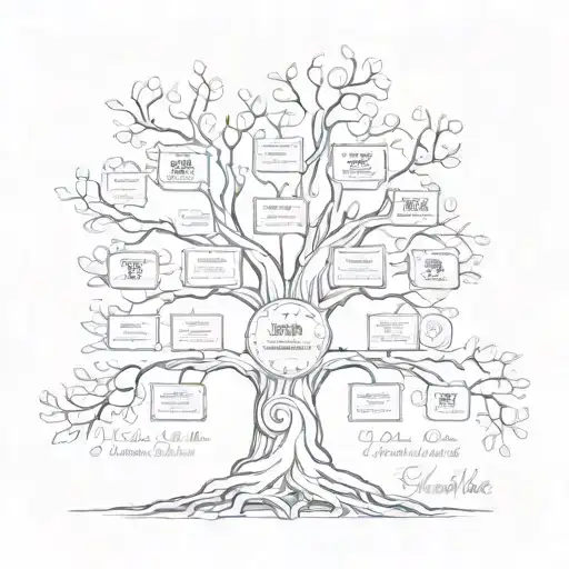 family tree with the names Kaylee, Kingston, Brittany, Amber, Elli, Kayla, Jayden, Samantha, Asher, Ari, Kali, Beckie tattoo design idea