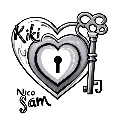 Tattoo using the names KiKi, Nico, Sam, JJ with a heart lock and key around it tattoo design idea
