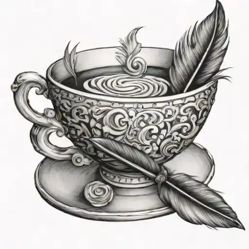 feather pen in a teacup tattoo design idea