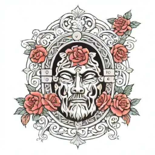 Arch of roses and in the middle the face of the Christ of Araró, Michoacan tattoo design idea