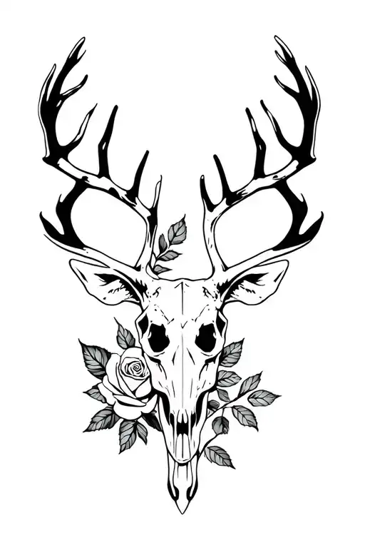 deer skull and rose growing tattoo design idea