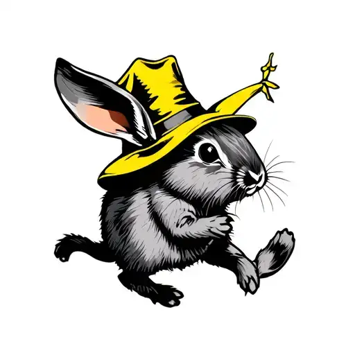 running rabbit with yellow fright hat tattoo design idea