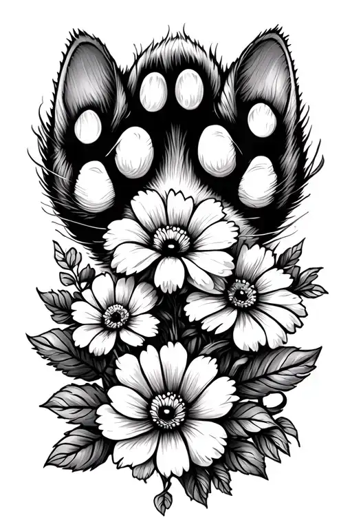 little cat paw print flowers vine tattoo design idea