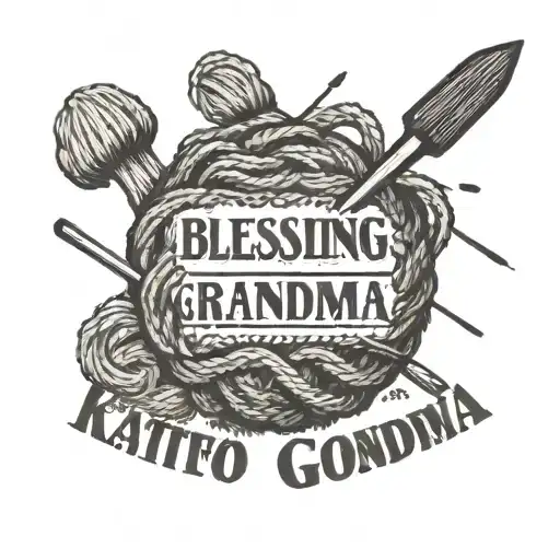 BALL OF WOOL WITH KNITTING NEEDLES WITH MESSAGE: BLESSING GRANDMA tattoo design idea