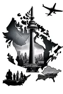 Punjab and canada map with CN tower journey from punjab to canada with plane and four brothers and mom dad for fore arm tattoo design idea