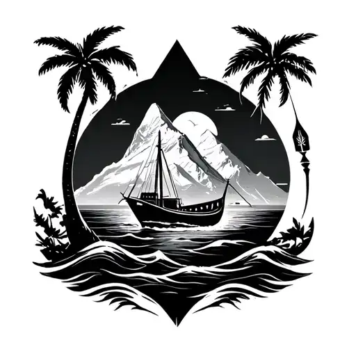 The Matterhorn, the outline of Koh Samui, the head of Pan, a Thai fishing boat, a palm tree, the sea, and a dart. All in tattoo design idea