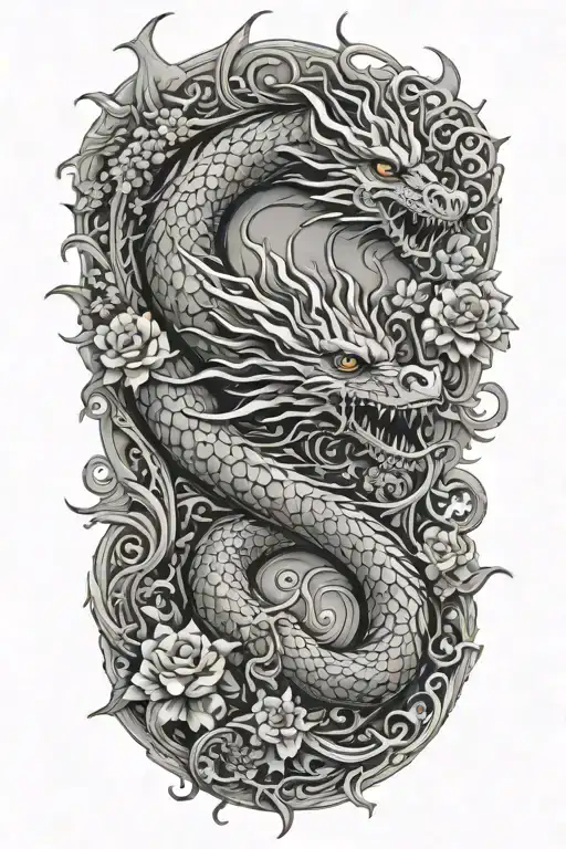 dragon ascends fractal flower path to fight with false idol tattoo design idea