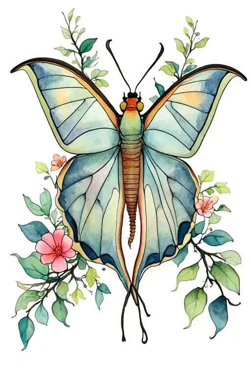 branches reaching towards each other, Luna moth, shadows, vines, flowers tattoo design idea