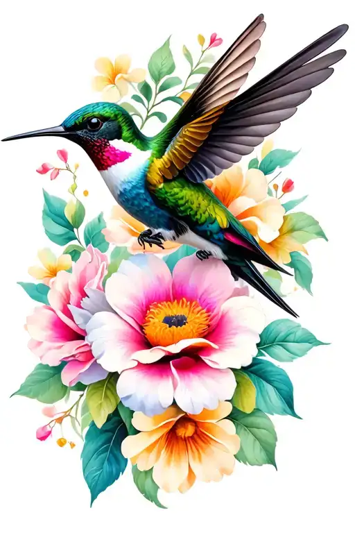 humming birds with flowers white background  tattoo design idea