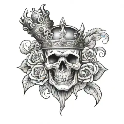skull with a king crown and roses on fire and an Aries  tattoo design idea