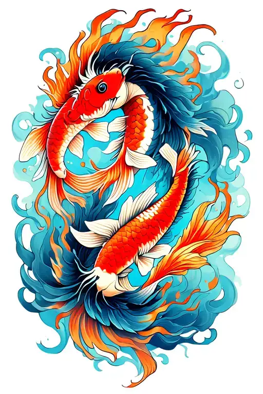 2  koi fish from wrist to forarm  connecting to a fire dragon from forarm to shoulder. Smokey background  tattoo design idea