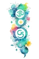 colorful unalome of semicolon, lotus, om, tree of life, sun and moon, all surrounded by galaxy colors and stars tattoo design idea