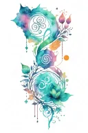 colorful unalome of semicolon, lotus, om, tree of life, sun and moon, all surrounded by galaxy colors and stars tattoo design idea