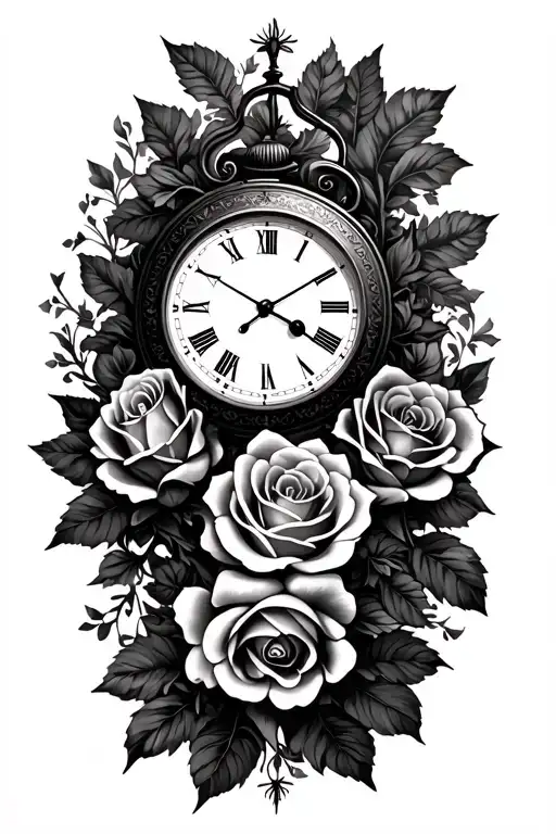 clock and roses tattoo design idea