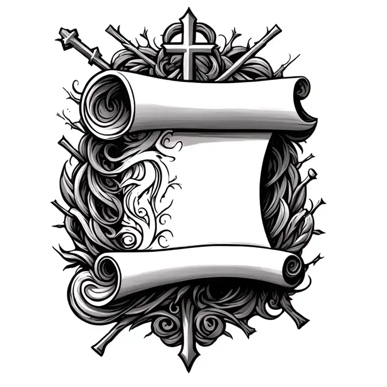 a detailed scroll surrounded by crosses shooting behind it  tattoo design idea