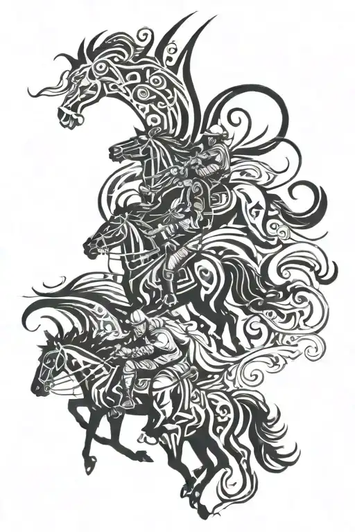 4 horsemen theme with 6 riders backround forest tattoo design idea