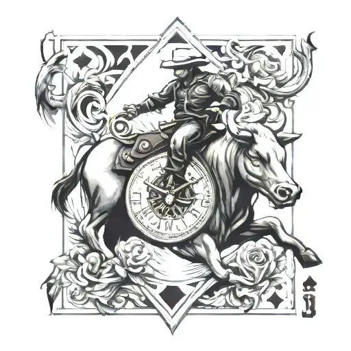 playing card sleeve with a clock and in the center of the cards a bull rider on a bull tattoo design idea