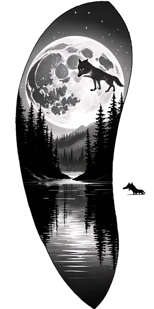 moon over Forest skyline, a wolf on lake tattoo design idea