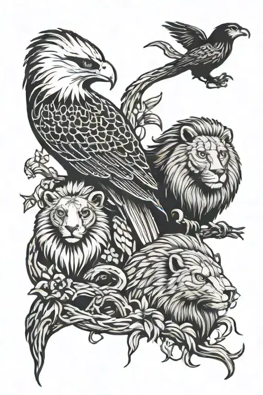 Badger, and eagle, and snake, and lion  tattoo design idea