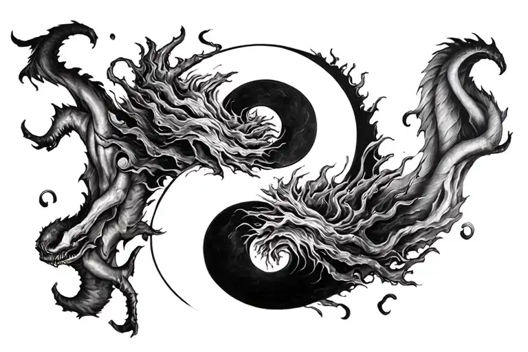 yin yang with demon and falling angle tattoo design idea