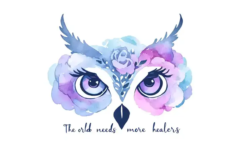 "The world needs more healers" "The world needs more healers" owl eyes staring roses tattoo design idea