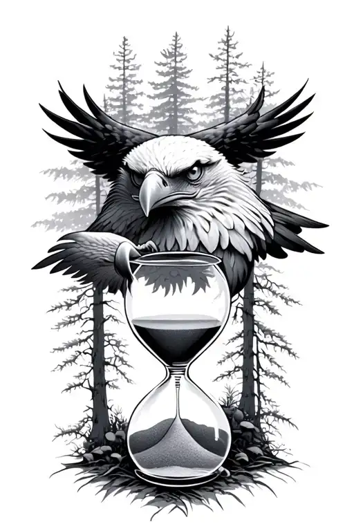 eagle eyes behind trees with hour glass with sand tattoo design idea