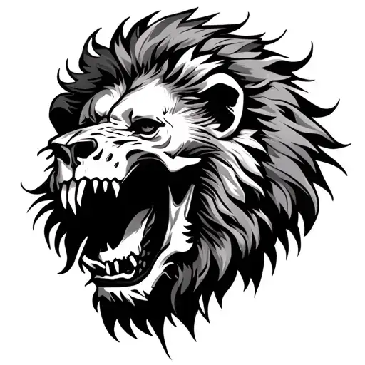 lion roaring with half of its head in a skull but front profile tattoo design idea