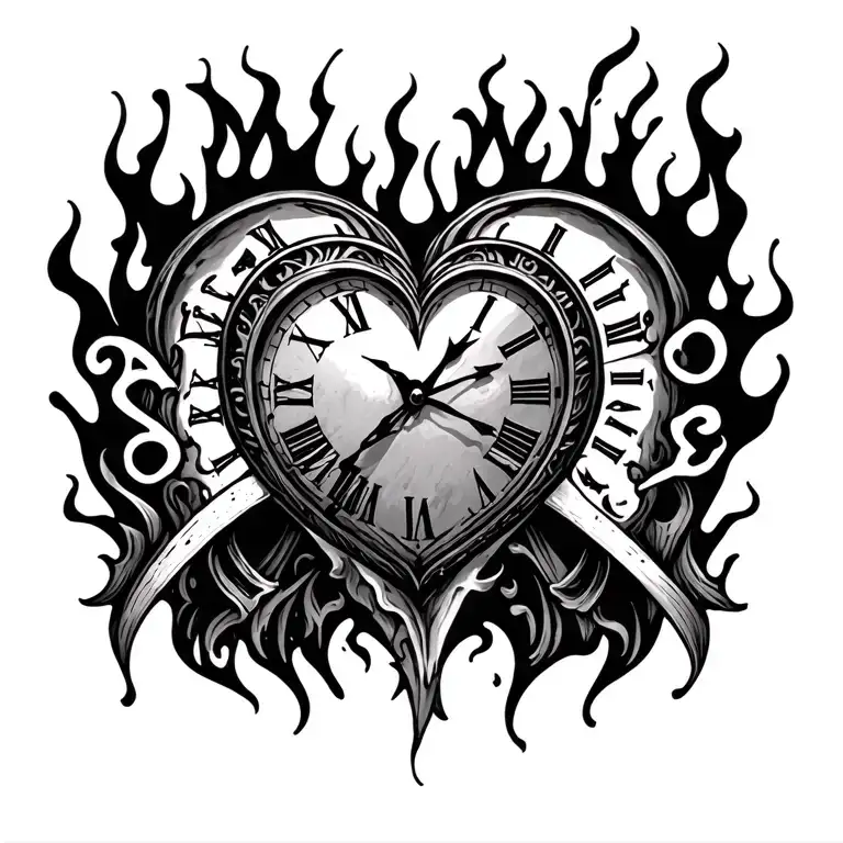 "Mélanie" clock heart in flame tattoo design idea