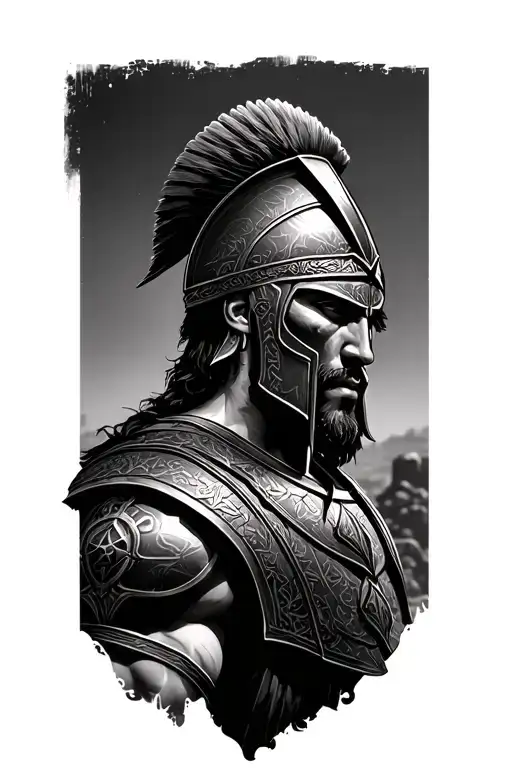 Spartan warrior facing ruins tattoo design idea