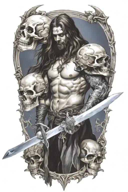 midevil knight with long hair holdiing a sword surround by skulls tattoo design idea