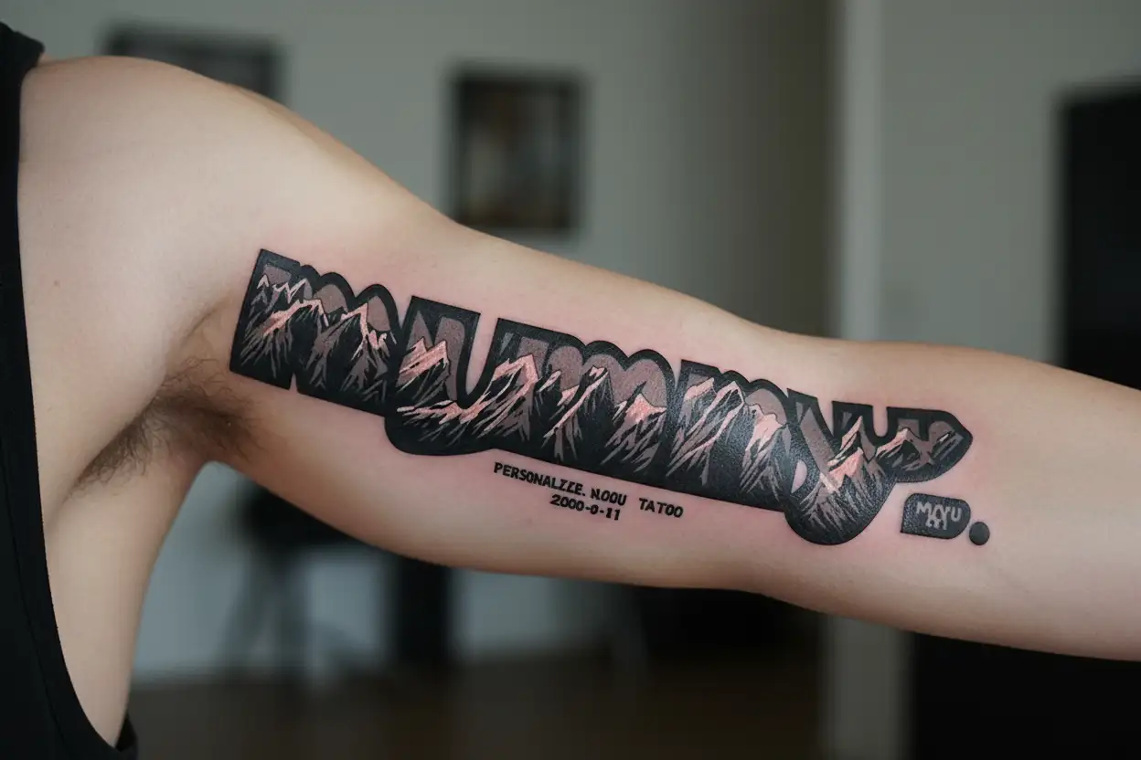 "mummy. 2000-01-01" mount everest black tattoo with personalized name and date of birth tattoo design idea