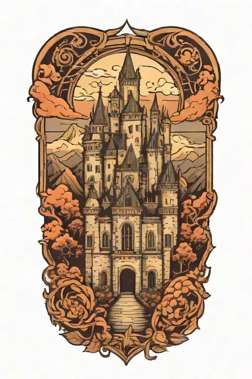 Gothic Medieval castle overlooking mountains tattoo design idea