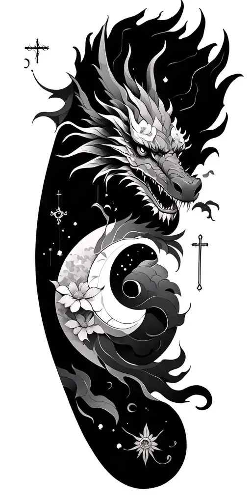dragon and sun and moon and clouds and cross incorporated and flowers and geometric  tattoo design idea