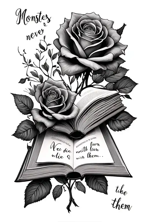 open Book text 'Monsters never die,We just learn to live with them' Roses, Dark Romance tattoo design idea