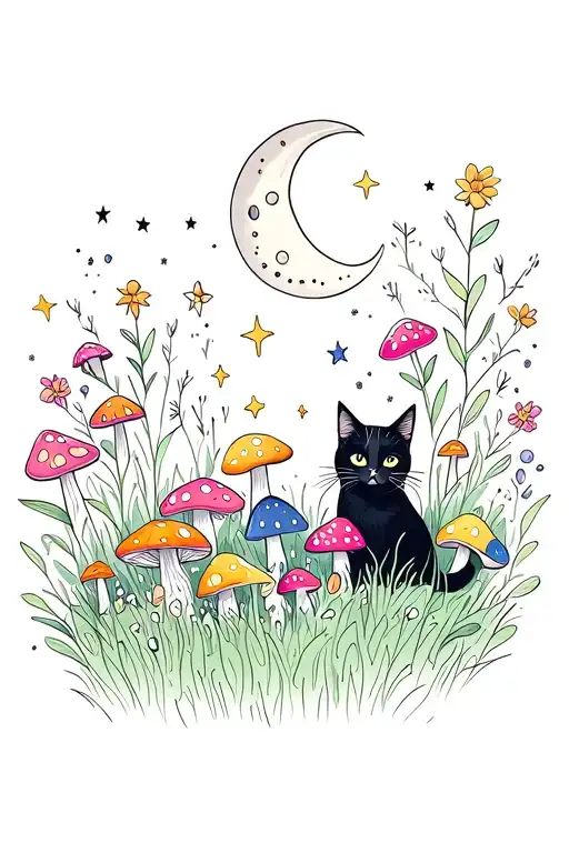 black cat with colorful mushrooms and flowers in meadow of green grass, with crescent moon and stars in dark night sky tattoo design idea