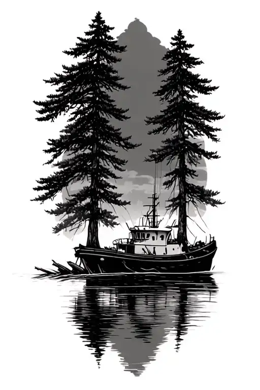 weeping willow with pine trees and wrecked tug boat tattoo design idea